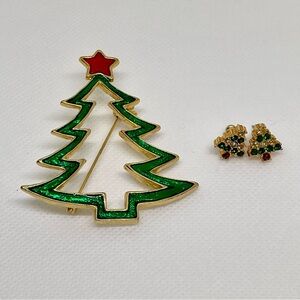 Vintage Enamel Christmas Tree Brooch and Rhinestone Earrings